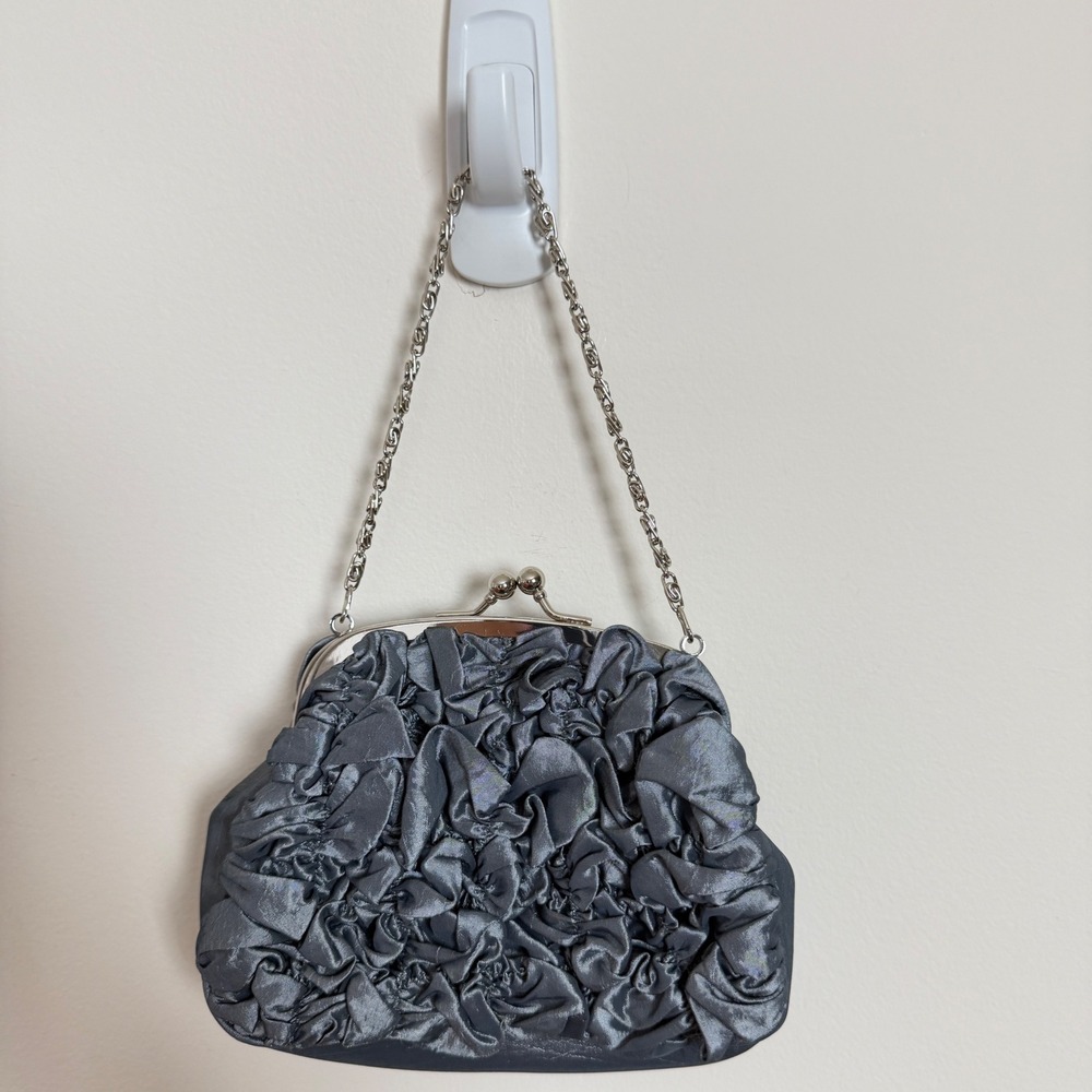 Gray Satin Rosette Evening Bag Kiss Lock Clutch Silver Chain Purse